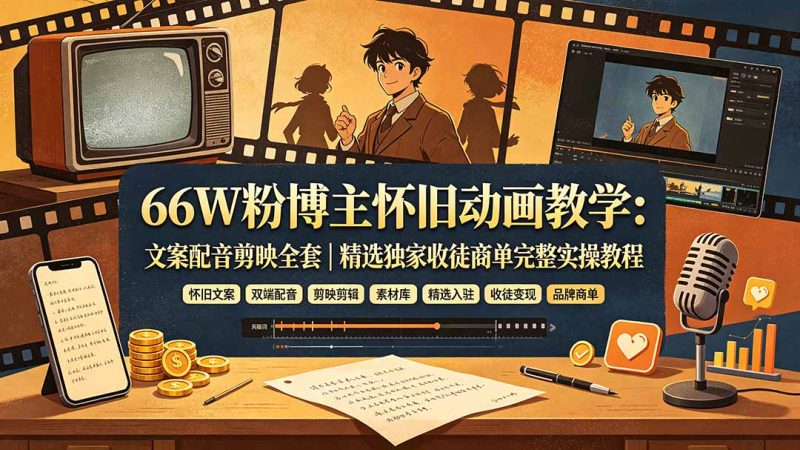 66W粉博主怀旧动画教学:文案配音剪映全套|精选独家收徒商单完整实操教程-初遇资源网