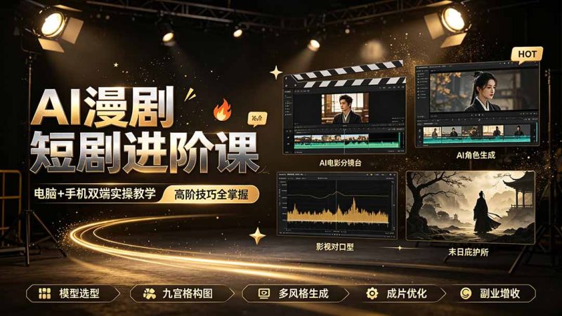 AI漫剧短剧进阶课|电脑+手机双端实操教学|影视剧对口型人物吃瓜×解压末日庇护所全程讲解,高阶技巧全掌握-初遇资源网