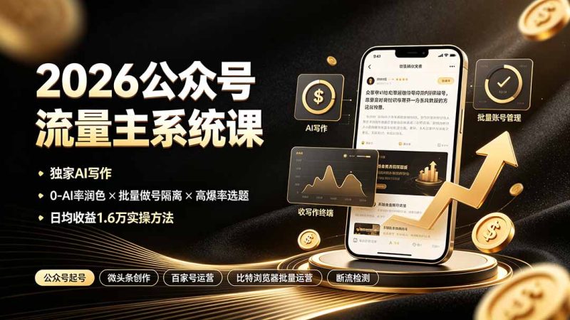 2026公众号流量主系统课:独家AI写作×0-AI率润色×批量做号隔离×高爆率选题,日均收益1.6万实操方法-初遇资源网