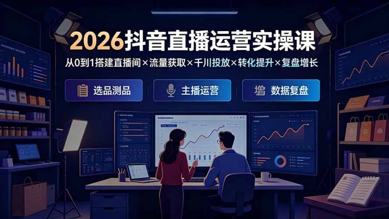 2026抖音直播运营实操课：从0到1搭建直播间×流量获取×千川投放×转化提升×复盘增长，系统掌握完整闭环-初遇资源网