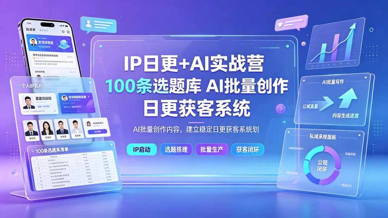 IP日更+AI实战营:IP置顶视频制作×100条选题库搭建×10条日更规划,AI批量创作内容,建立稳定日更获客系统-初遇资源网