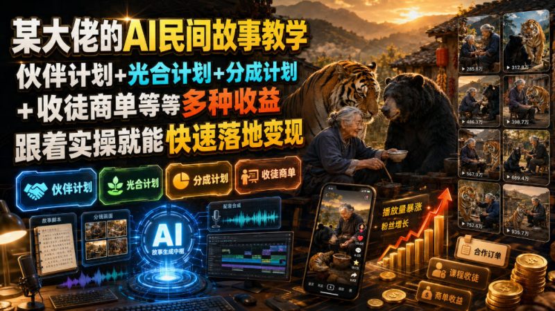 某大佬的AI民间故事教学,伙伴计划+光合计划+分成计划+收徒商单等多种收益,跟着实操就能快速落地变现-初遇资源网
