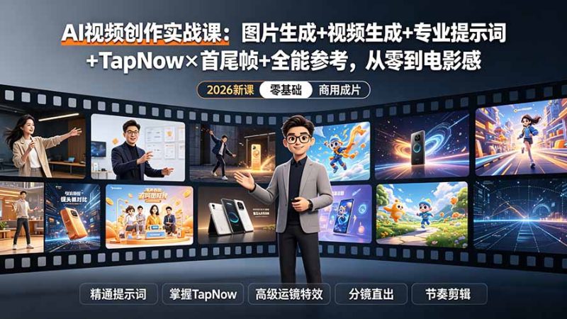 AI视频创作实战课:图片生成+视频生成+专业提示词+TapNow×首尾帧+全能参考,从零到电影感成片-初遇资源网