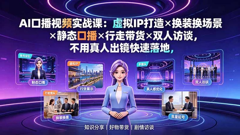 AI口播视频实战课:虚拟IP打造×换装换场景×静态口播×行走带货×双人访谈,不用真人出镜快速落地-初遇资源网