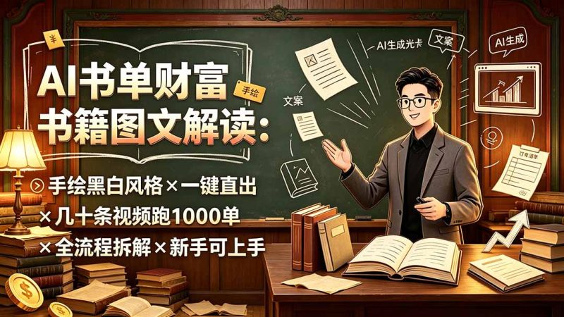 AI书单财富书籍图文解读:手绘黑白风格×一键直出×几十条视频跑1000单×全流程拆解×新手可上手-初遇资源网
