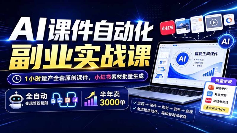 AI课件自动化副业实战课:1小时量产全套原创课件×小红书素材批量生成×全自动变现管线×半年卖3000单-初遇资源网