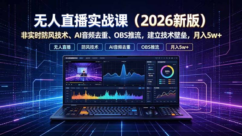 无人直播实战课(更新7月),非实时防风技术、AI音频去重、OBS推流,建立技术壁垒,月入5w+-初遇资源网
