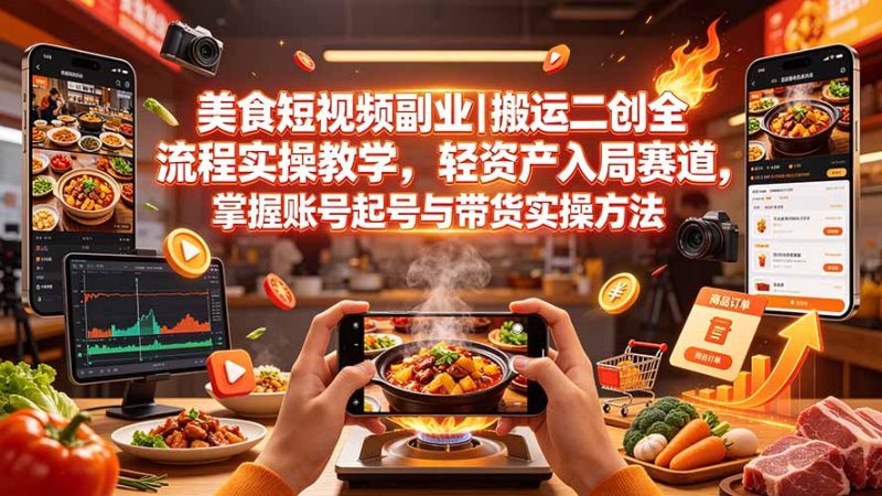 美食短视频副业｜搬运二创全流程实操教学，轻资产入局赛道，掌握账号起号与带货实操方法-初遇资源网