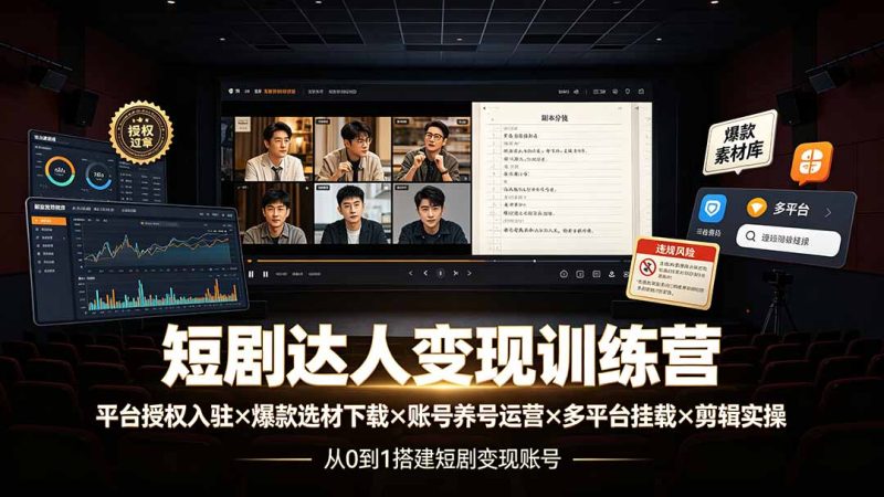 短剧达人变现训练营:平台授权入驻×爆款选材下载×账号养号运营×多平台挂载×剪辑实操×违规处理全流程-初遇资源网