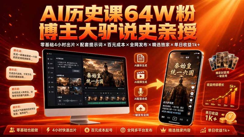 AI历史课64W粉博主大驴说史亲授：零基础4小时出片×配套提示词×百元成本×全网发布×精选独家×单日收益1k+-初遇资源网