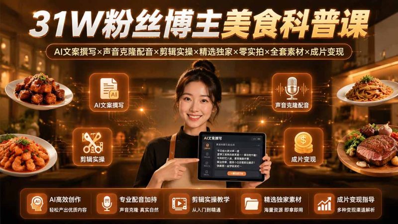 31W粉丝博主美食科普课:AI文案撰写×声音克隆配音×剪辑实操×精选独家×零实拍×全套素材×成片变现-初遇资源网