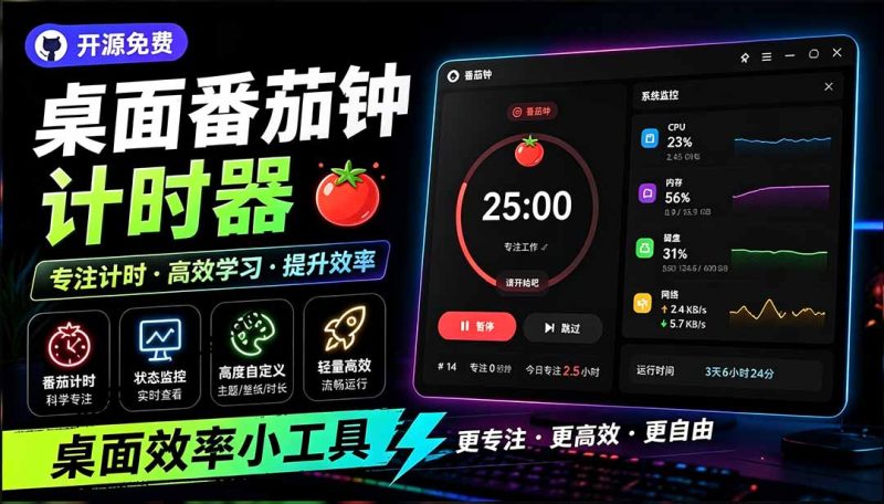 仅1.16MB,开源极简的桌面时钟、番茄钟计时器,还支持系统监控显示,桌面效率小工具 Catime-初遇资源网
