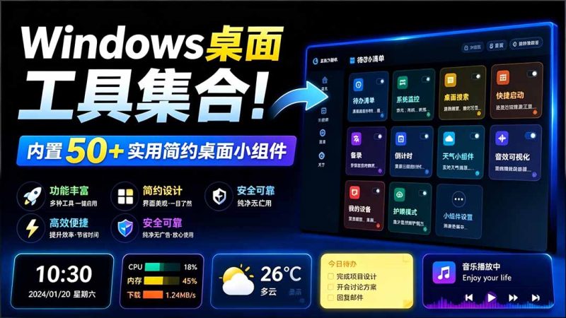 Windows桌面工具集合!内置50+实用简约桌面小组件,含截图、录屏、翻译、天气等,多秘工具箱-初遇资源网