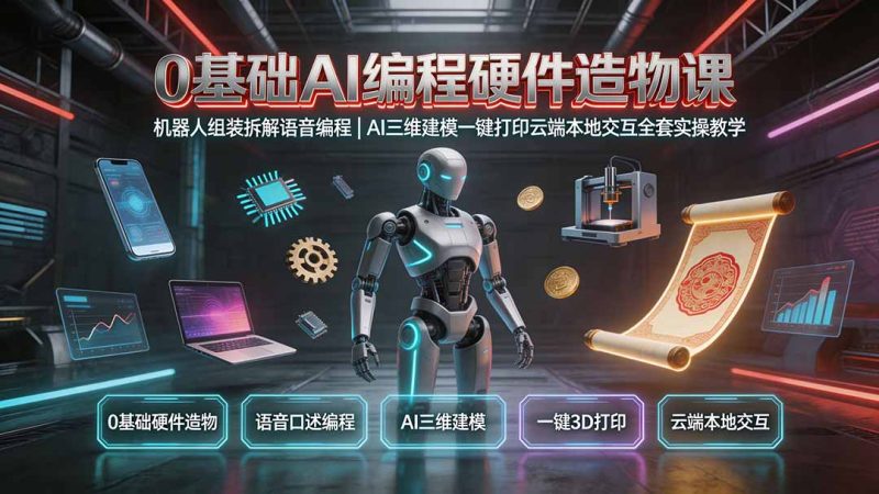 0基础AI编程硬件造物课|机器人组装拆解语音编程,AI三维建模一键打印云端本地交互全套实操教学-初遇资源网