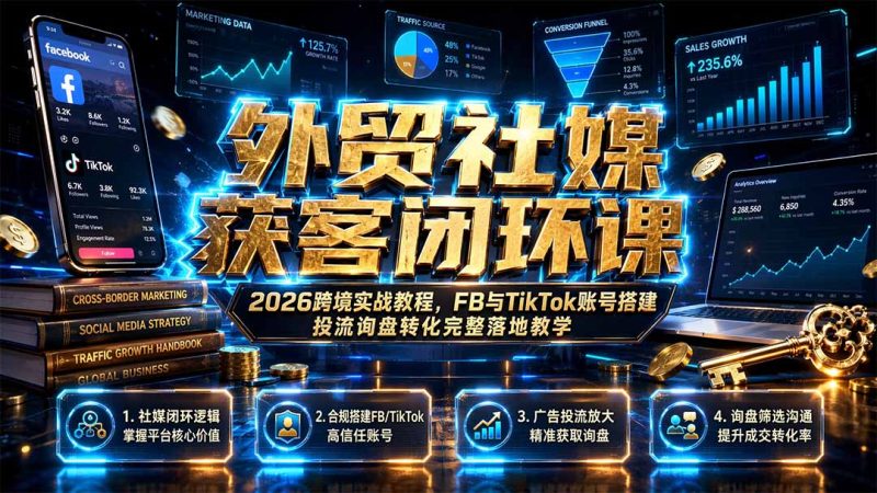 外贸社媒获客闭环课|2026跨境实战教程,FB与TikTok账号搭建投流询盘转化完整落地教学-初遇资源网