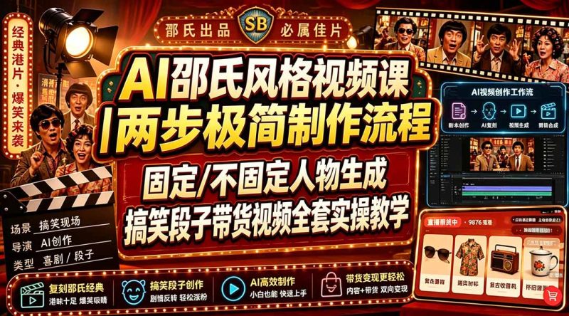 AI邵氏风格视频课|两步极简制作流程,固定/不固定人物生成,搞笑段子带货视频全套实操教学-初遇资源网