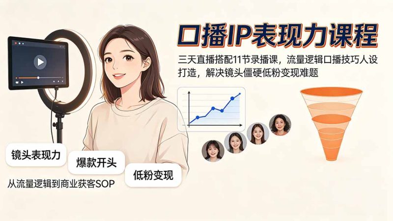 口播IP表现力课程｜三天直播搭配11节录播课，流量逻辑口播技巧人设打造，解决镜头僵硬低粉变现难题-初遇资源网