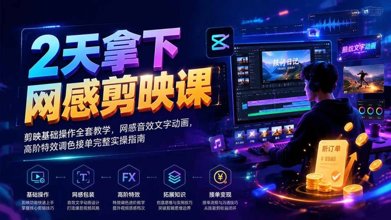 2天拿下网感剪辑课|剪映基础操作全套教学,网感音效文字动画,高阶特效调色接单完整实操指南-初遇资源网
