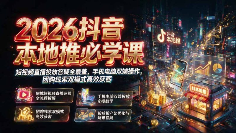 2026抖音本地推必学课|短视频直播投放答疑全覆盖,手机电脑双端操作,团购线索双模式高效获客-初遇资源网