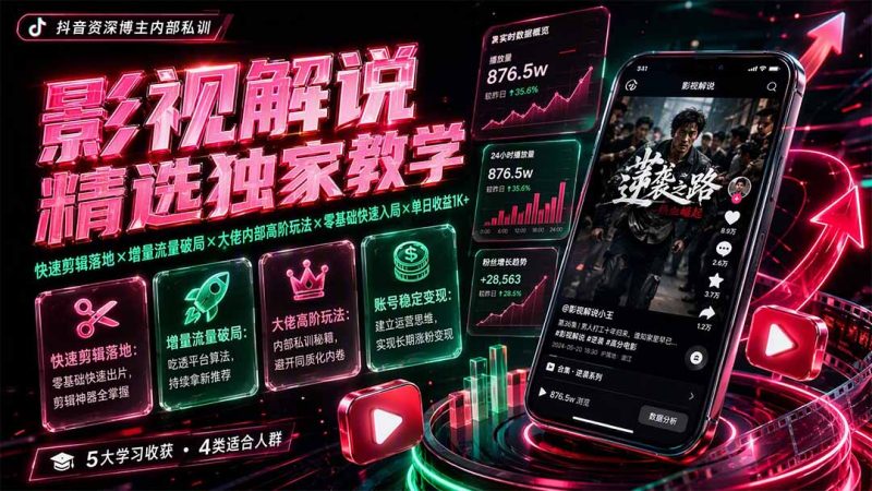 影视解说精选独家教学：快速剪辑落地×增量流量破局×大佬内部高阶玩法×零基础快速入局×单日收益1K+-初遇资源网