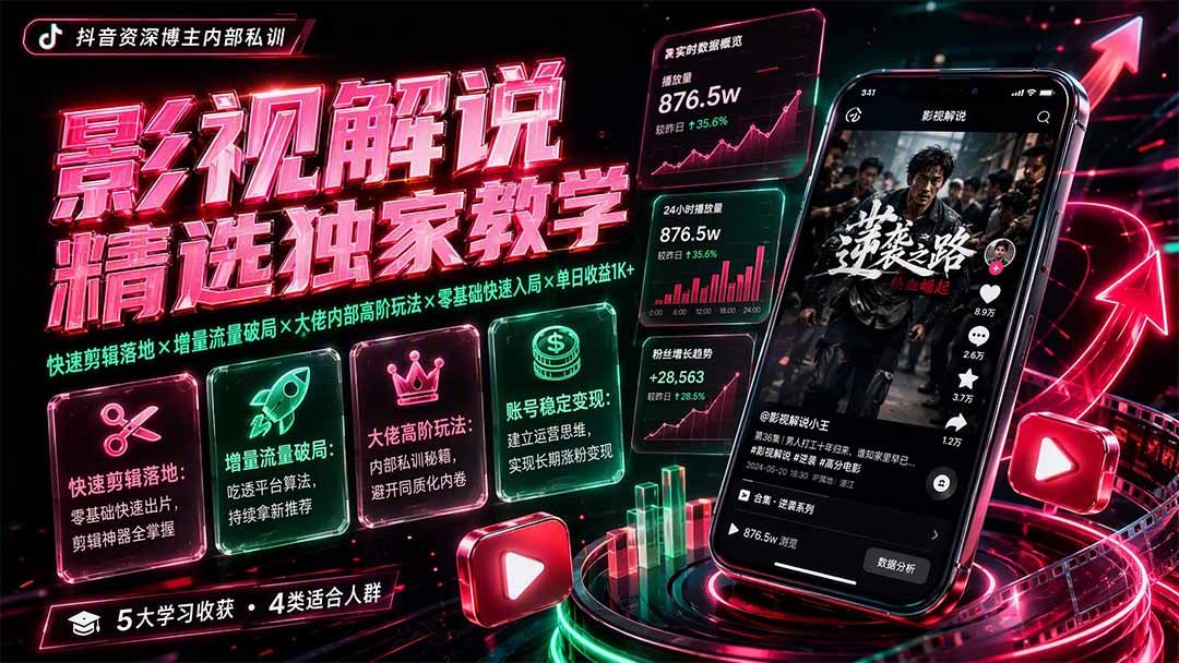 【中创网】影视解说精选独家教学：快速剪辑落地×增量流量破局×大佬内部高阶玩法×零基础快速入局×单日收益1K+ - 初遇资源网