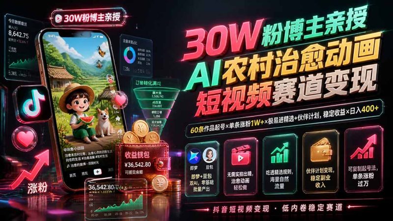 30W粉博主亲授AI农村治愈动画短视频赛道变现:60条作品起号×单条涨粉1W+×极易进精选+伙伴计划,稳定收益×日入400+-初遇资源网