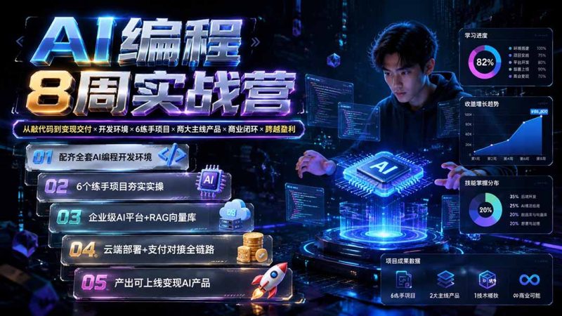 AI编程8周实战营:从敲代码到变现交付×开发环境×6练手项目×两大主线产品×商业闭环×跨越盈利-初遇资源网
