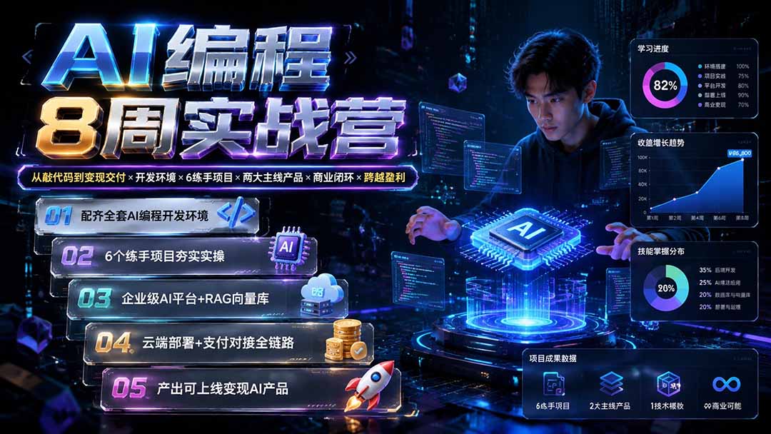 【中创网】AI编程8周实战营：从敲代码到变现交付×开发环境×6练手项目×两大主线产品×商业闭环×跨越盈利 - 初遇资源网