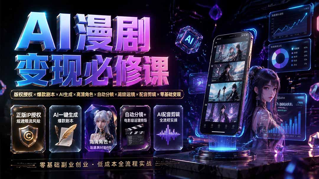 【中创网】AI漫剧变现必修课：版权授权×爆款剧本×AI生成×高清角色×自动分镜×高级运镜×配音剪辑×零基础变现 - 初遇资源网