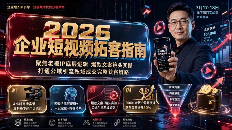 2026企业短视频拓客指南:聚焦老板IP底层逻辑,爆款文案镜头实操,打通公域引流私域成交完整获客链路-初遇资源网