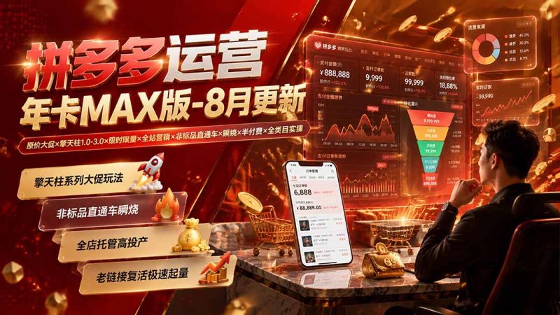 拼多多运营年卡MAX版-8月:原价大促×擎天柱1.0-3.0×限时限量×全站营销×非标品直通车×瞬烧×半付费×全类目实操-初遇资源网