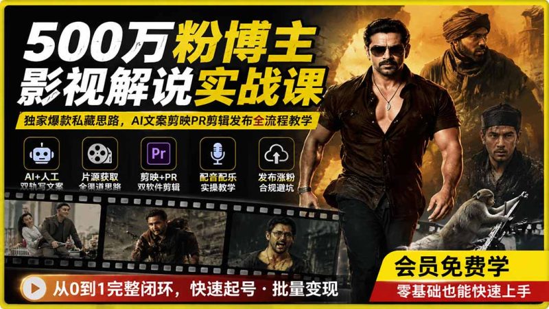 500万粉博主影视解说实战课|独家爆款私藏思路,AI文案剪映PR剪辑发布全流程教学-初遇资源网