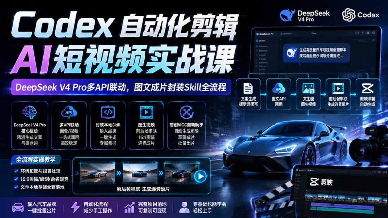 Codex自动化剪辑AI短视频实战课|DeepSeek V4 Pro多API联动,图文成片封装Skill全流程-初遇资源网