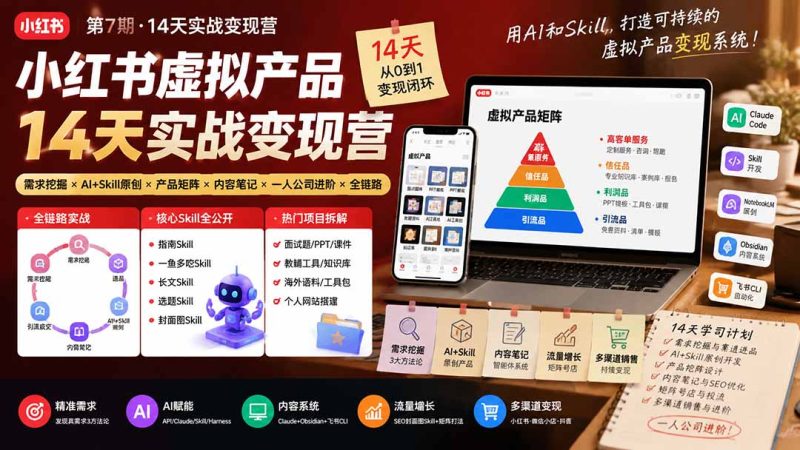 小红书虚拟产品14天实战变现营-第7期:需求挖掘×AI+Skill原创×产品矩阵×内容笔记×一人公司进阶×全链路-初遇资源网