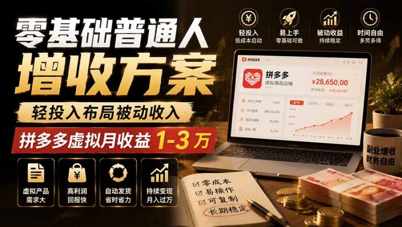 零基础普通人增收方案，轻投入布局被动收入，多多虚拟月收益 1-3 万-初遇资源网