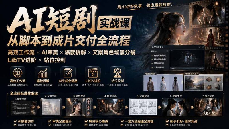 AI短剧实战课:高效工作流×AI审美×爆款拆解×文案角色场景分镜×LibTV进阶×站位控制×从脚本到成片交付全流程-初遇资源网