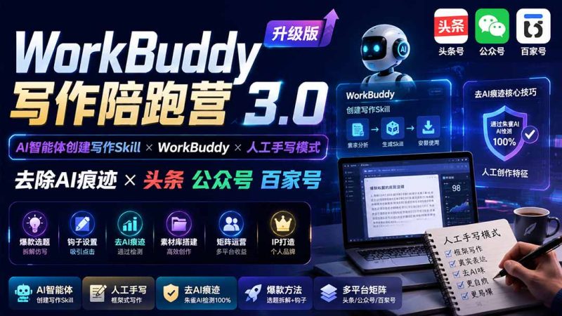 WorkBuddy写作陪跑营3.0-更新:Ai智能体创建写作Skill×WorkBuddy×人工手写模式×去除AI痕迹×头条公众号百家号-初遇资源网