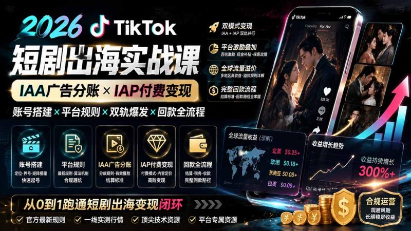 2026TikTok短剧出海实战课:IAA广告分账×IAP付费变现×账号搭建×平台规则×双轨爆发×回款全流程-初遇资源网