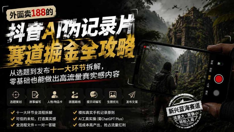 外面卖188的抖音AI伪记录片赛道掘金全攻略;从选题到发布十一大环节拆解,零基础也能做出高流量真实感内容-初遇资源网