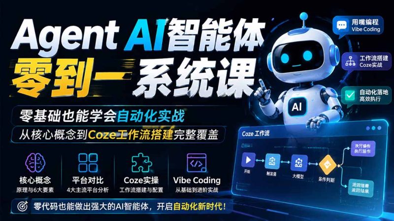 Agent AI智能体零到一系统课;零基础也能学会自动化实战,从核心概念到Coze工作流搭建完整覆盖-初遇资源网