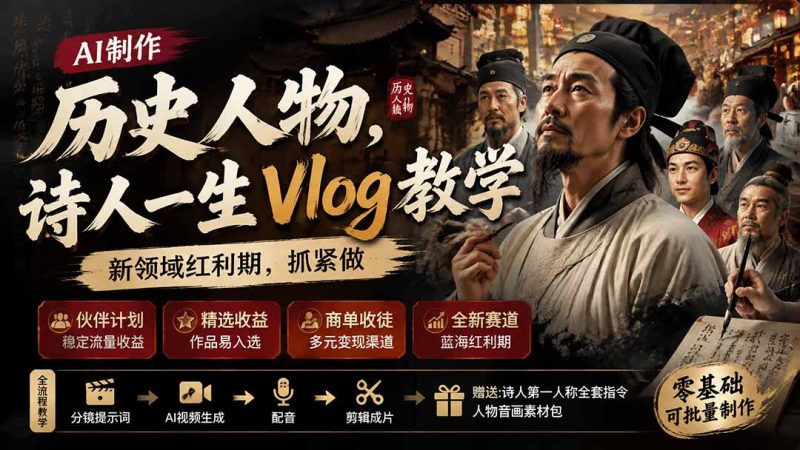 历史人物，诗人一生Vlog教学， AI制作丨伙伴计划丨精选收益丨商单收徒 ，新领域红利期，抓紧做-初遇资源网