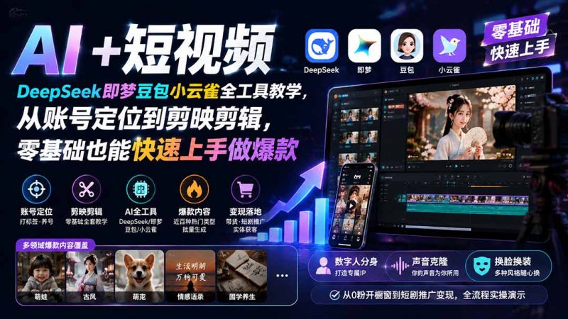 AI+短视频|DeepSeek即梦豆包小云雀全工具教学,从账号定位到剪映剪辑,零基础也能快速上手做爆款-初遇资源网