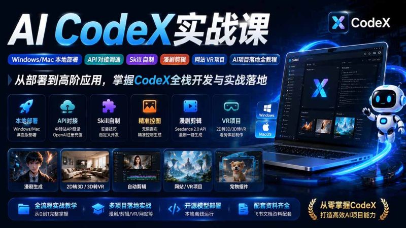 AI CodeX实战课|Windows/Mac 本地部署|API 对接调通|Skill 自制|漫剧剪辑|网站 VR 项目|AI项目落地全教程-初遇资源网
