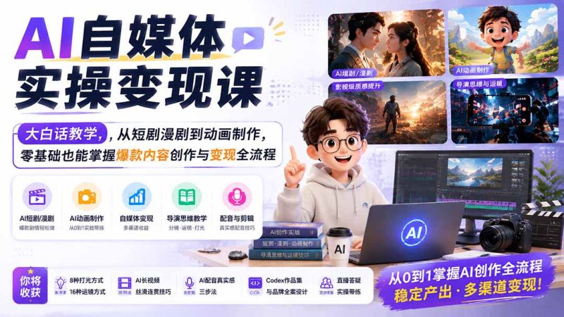 AI自媒体实操变现课|大白话教学,从短剧漫剧到动画制作,零基础也能掌握爆款内容创作与变现全流程-初遇资源网