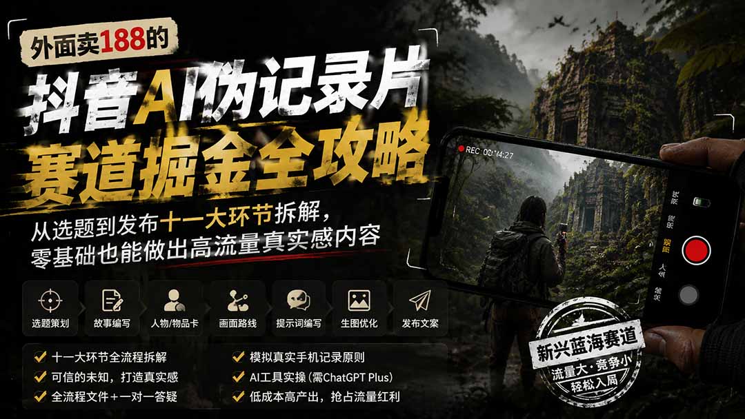 【中创网】外面卖188的抖音AI伪记录片赛道掘金全攻略-更新；从选题到发布十一大环节拆解，零基础也能做出高流量真实感内容 - 初遇资源网