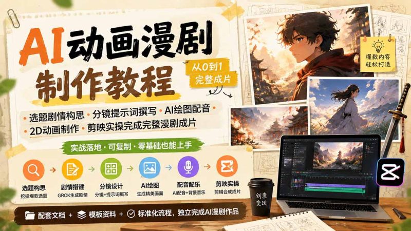 AI动画漫剧制作教程|选题剧情构思·分镜提示词撰写·AI绘图配音·2D动画制作·剪映实操完成完整漫剧成片-初遇资源网