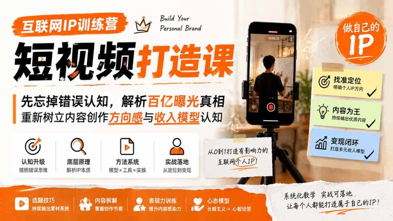 互联网IP训练营短视频打造课;先忘掉错误认知,解析百亿曝光真相,重新树立内容创作方向感与收入模型认知-初遇资源网
