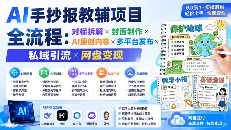 AI手抄报教辅项目全流程：对标拆解×封面制作×AI原创内容×多平台发布×私域引流×网盘变现-初遇资源网