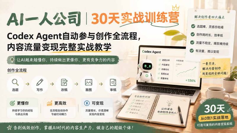 AI一人公司|30天实战训练营;Codex Agent自动参与创作全流程,内容流量变现完整实战教学-初遇资源网