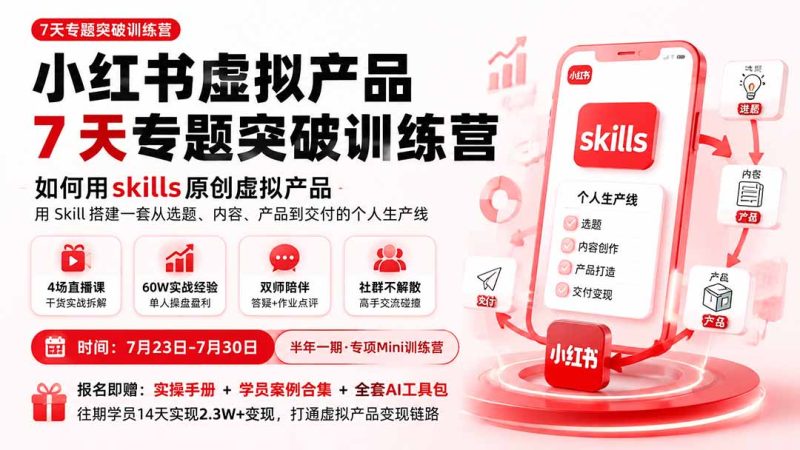 小红书虚拟产品7天专题突破训练营,如何用skills原创虚拟产品,用Skil搭建一套从选题、内容、产品到交付的个人生产线-初遇资源网
